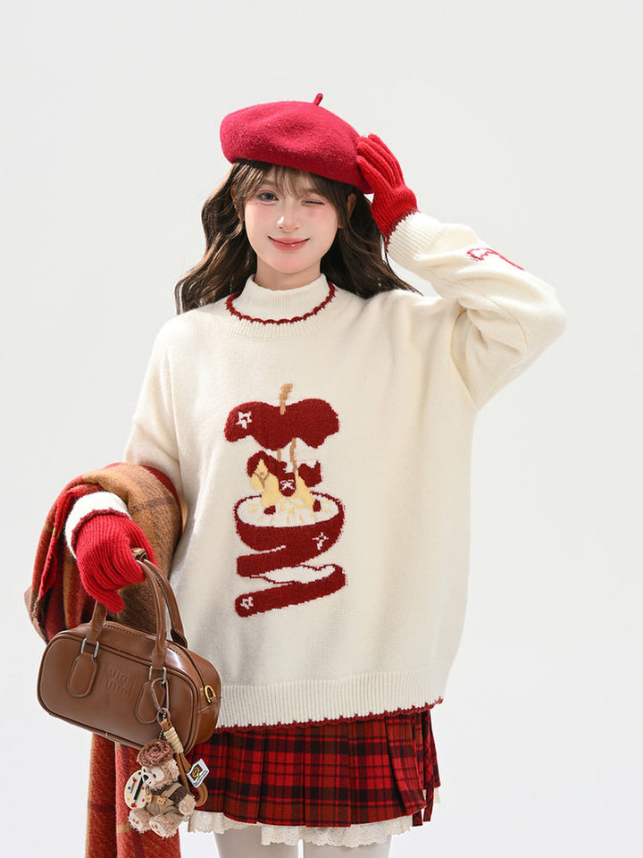 Whimsical Apple Graphic Knit Sweater