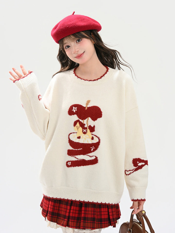 Whimsical Apple Graphic Knit Sweater
