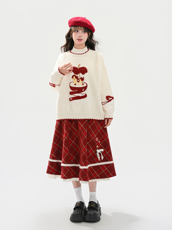 Whimsical Apple Graphic Knit Sweater