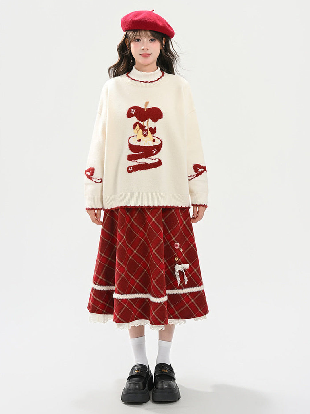 Whimsical Apple Graphic Knit Sweater