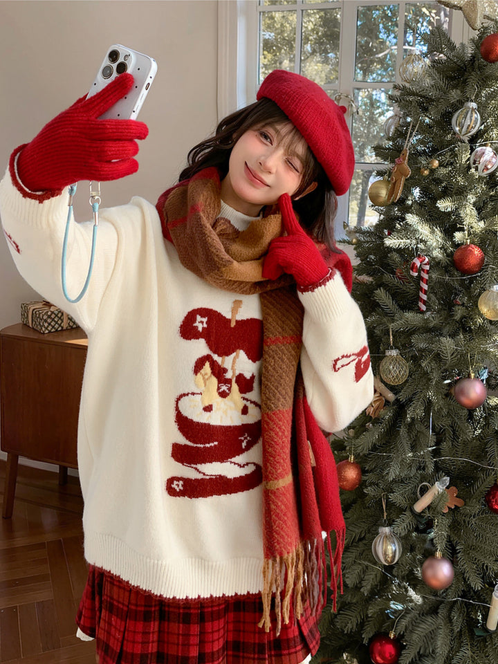 Whimsical Apple Graphic Knit Sweater
