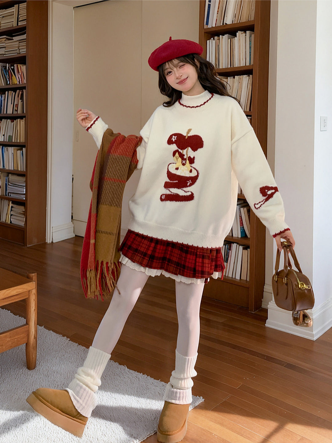 Whimsical Apple Graphic Knit Sweater