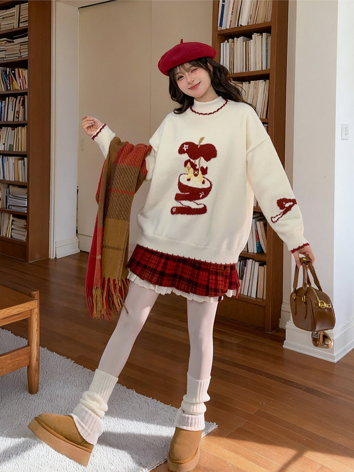 Whimsical Apple Graphic Knit Sweater