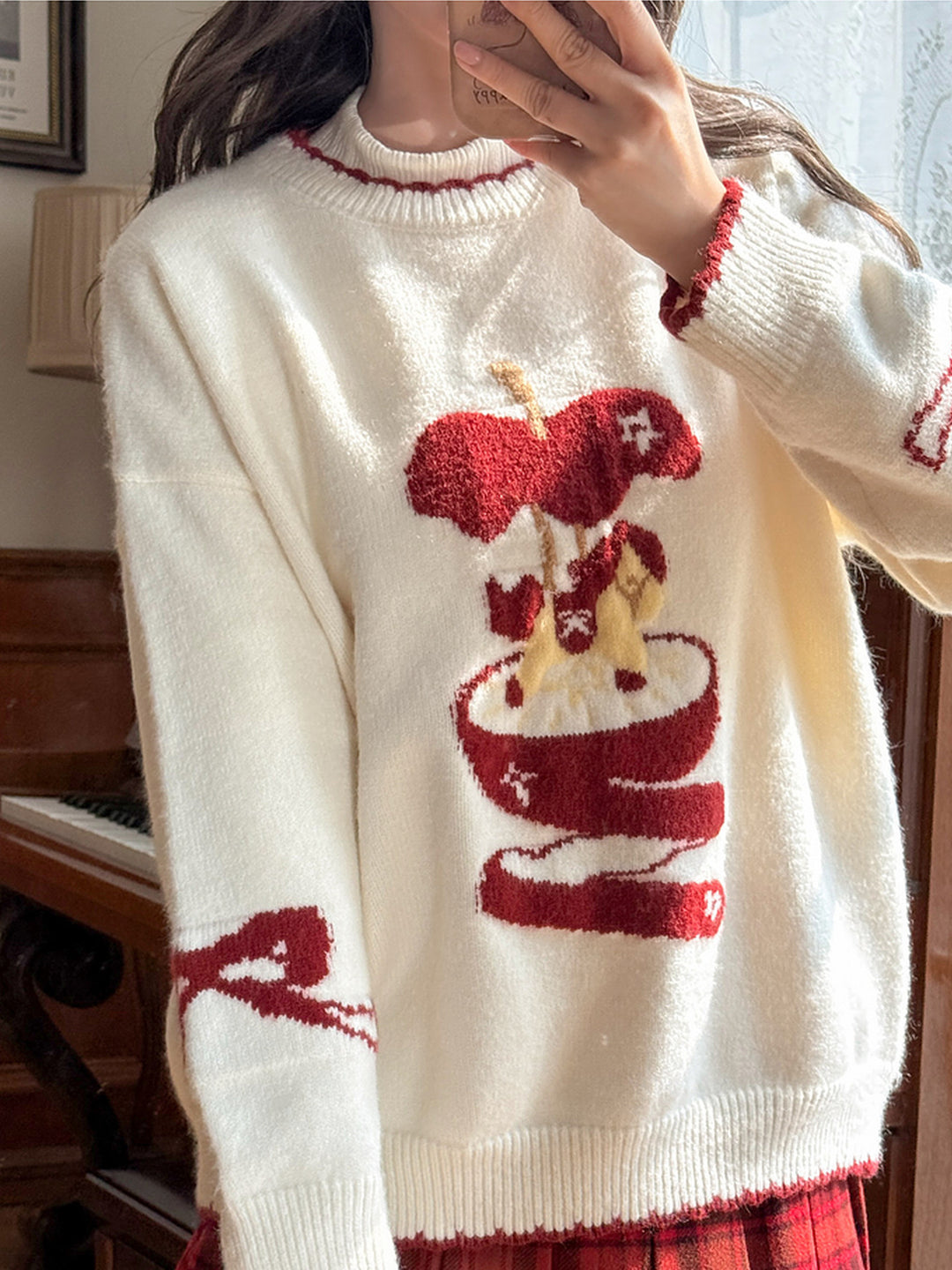 Whimsical Apple Graphic Knit Sweater