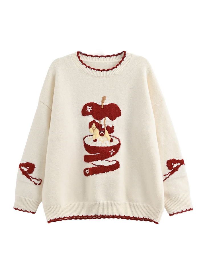 Whimsical Apple Graphic Knit Sweater
