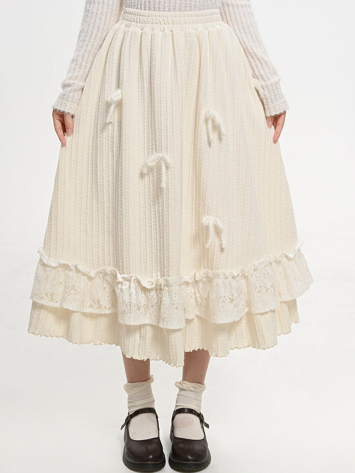 Coquette Bow Lace-Ruffle Midi Skirt