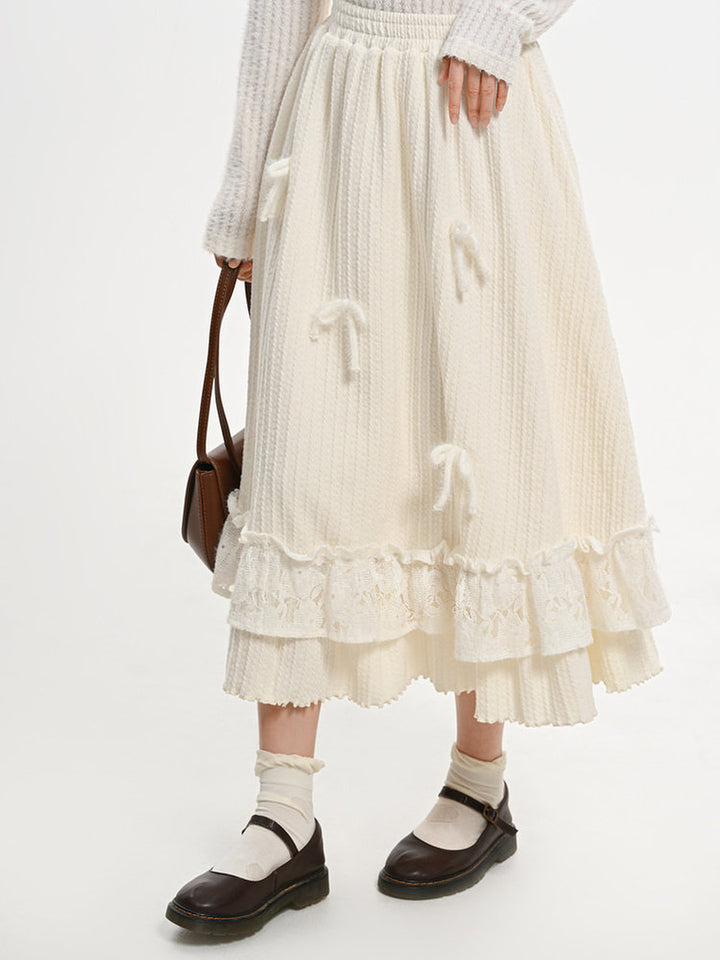 Coquette Bow Lace-Ruffle Midi Skirt