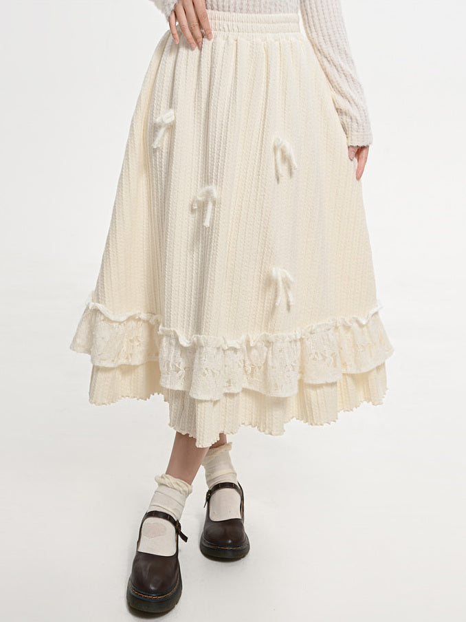 Coquette Bow Lace-Ruffle Midi Skirt