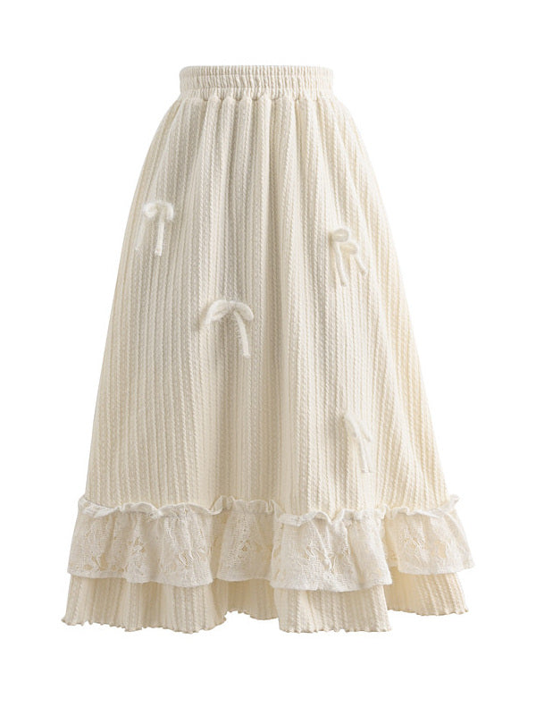 Coquette Bow Lace-Ruffle Midi Skirt