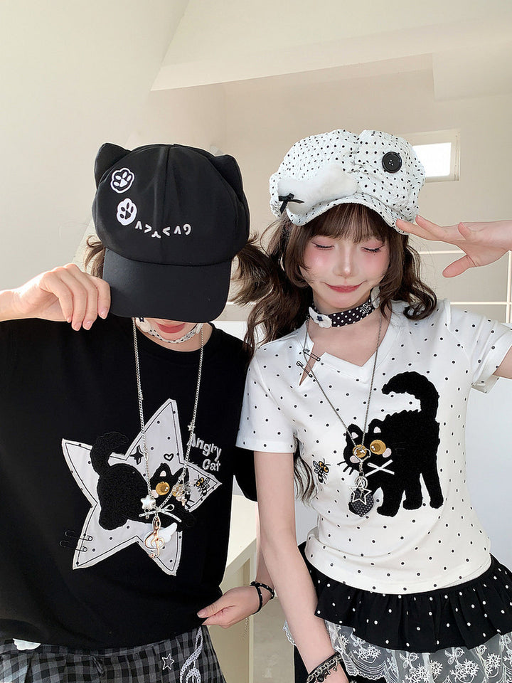 Cat-and-Bee Appliqué V-Neck T-Shirt