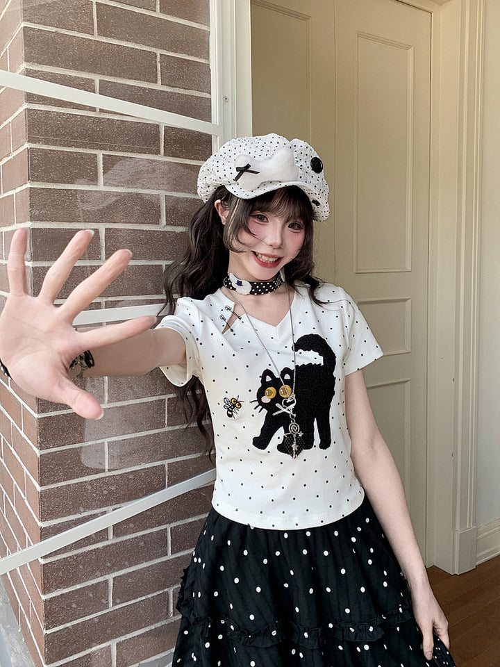 Cat-and-Bee Appliqué V-Neck T-Shirt