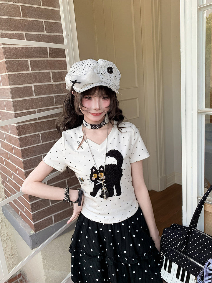 Cat-and-Bee Appliqué V-Neck T-Shirt