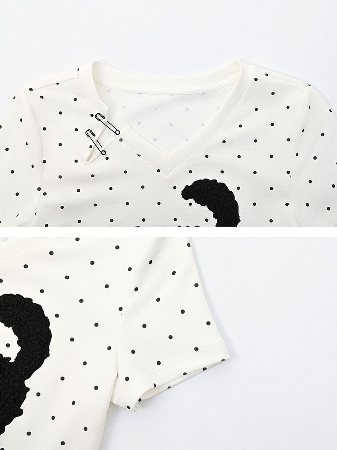 Cat-and-Bee Appliqué V-Neck T-Shirt