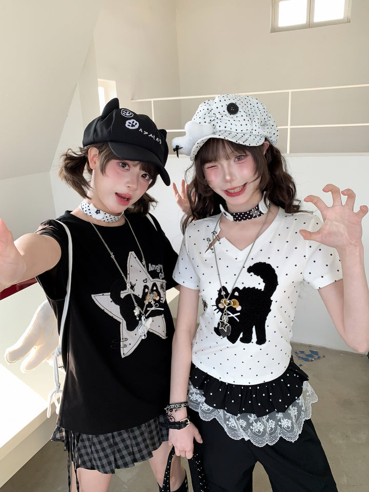 Cat-and-Bee Appliqué V-Neck T-Shirt