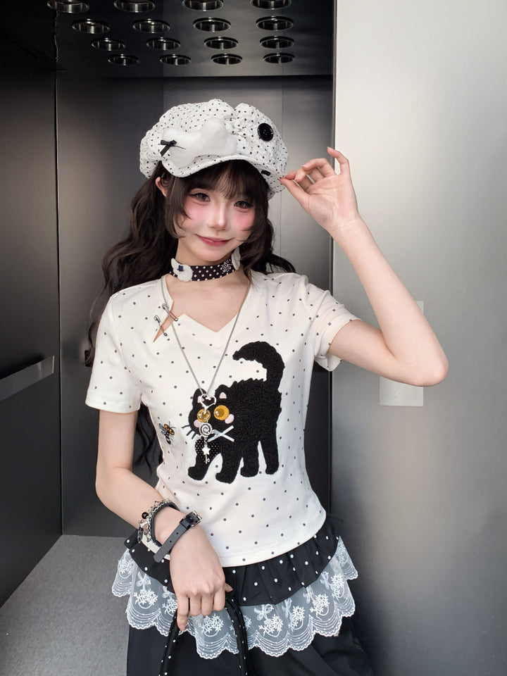 Cat-and-Bee Appliqué V-Neck T-Shirt