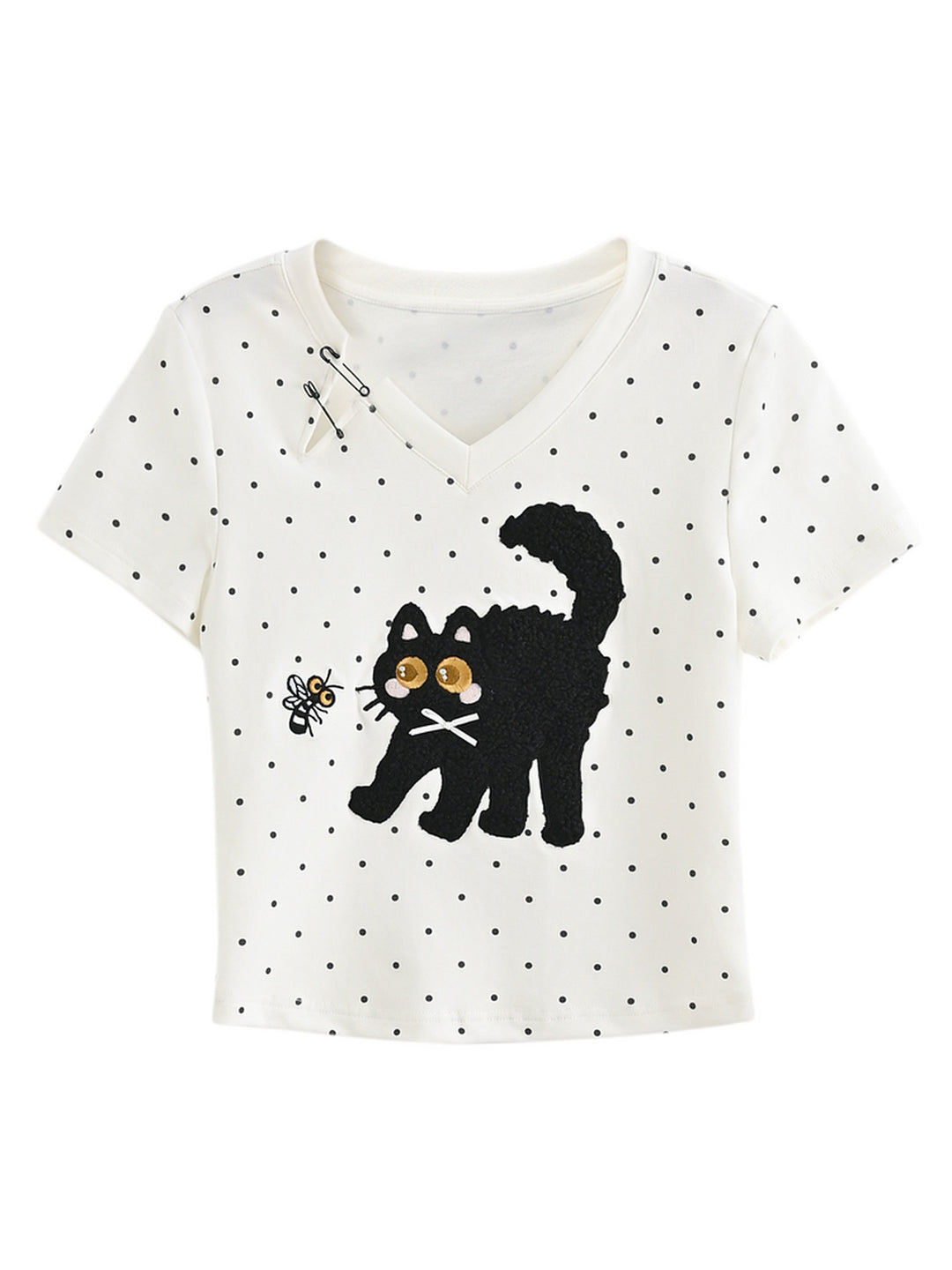 Cat-and-Bee Appliqué V-Neck T-Shirt