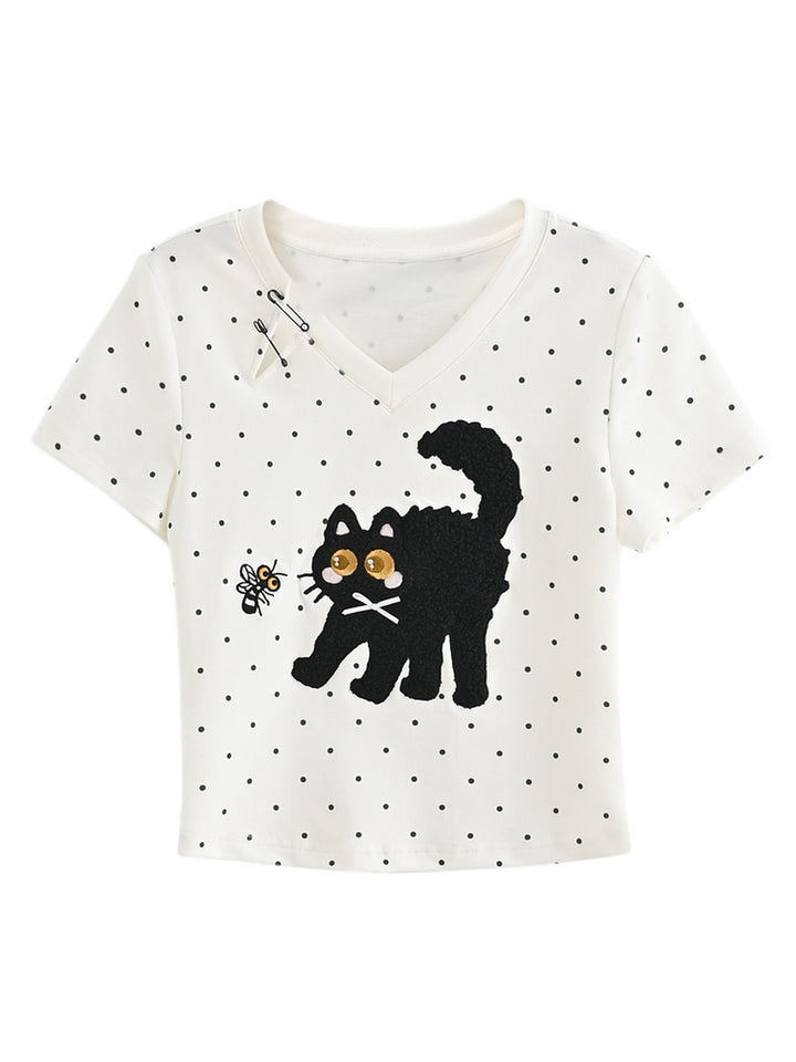 Cat-and-Bee Appliqué V-Neck T-Shirt