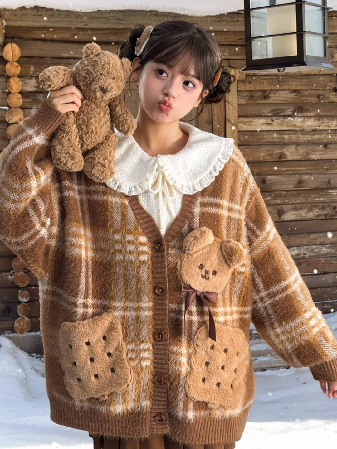 Teddy Bear Plaid Cardigan