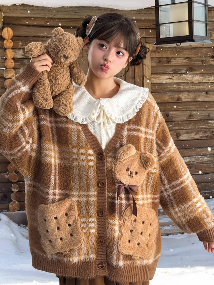 Teddy Bear Plaid Cardigan
