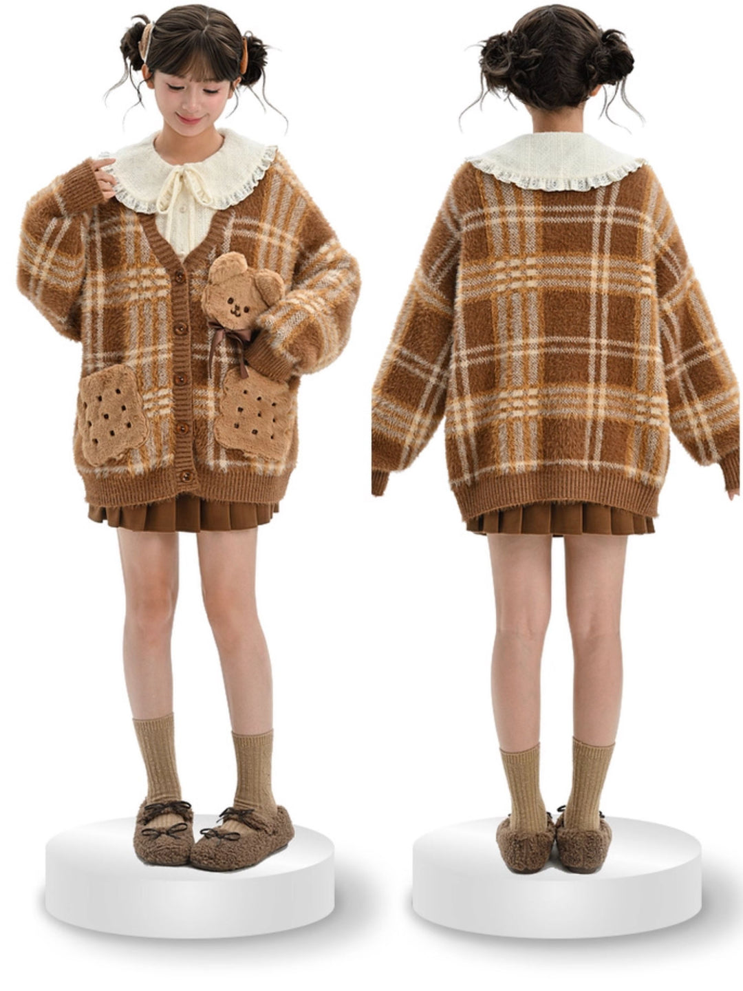 Teddy Bear Plaid Cardigan