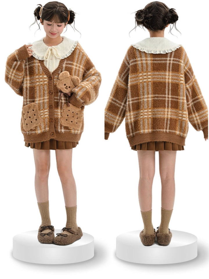 Teddy Bear Plaid Cardigan
