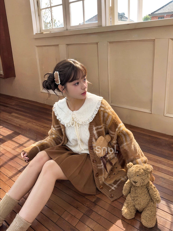 Teddy Bear Plaid Cardigan