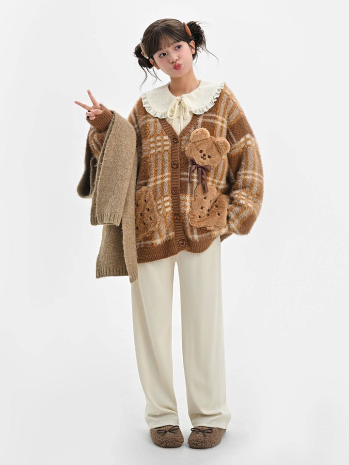 Teddy Bear Plaid Cardigan