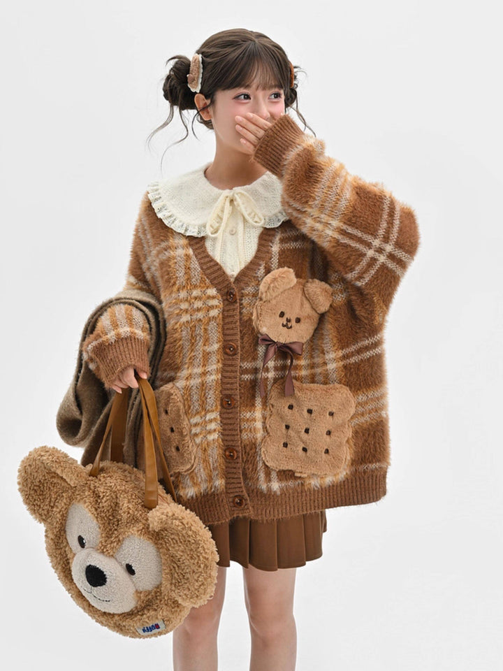Teddy Bear Plaid Cardigan