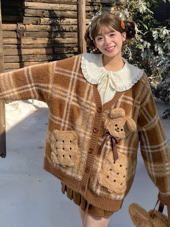 Teddy Bear Plaid Cardigan
