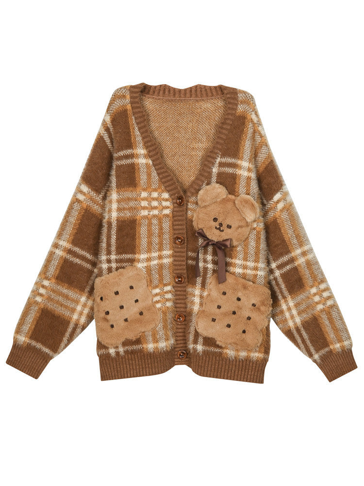 Teddy Bear Plaid Cardigan