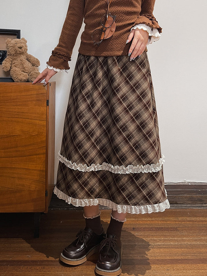 Brown Plaid Double Ruffle Midi Skirt