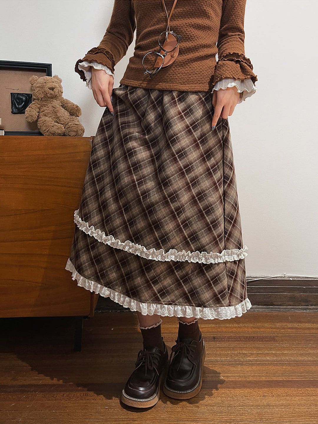 Brown Plaid Double Ruffle Midi Skirt