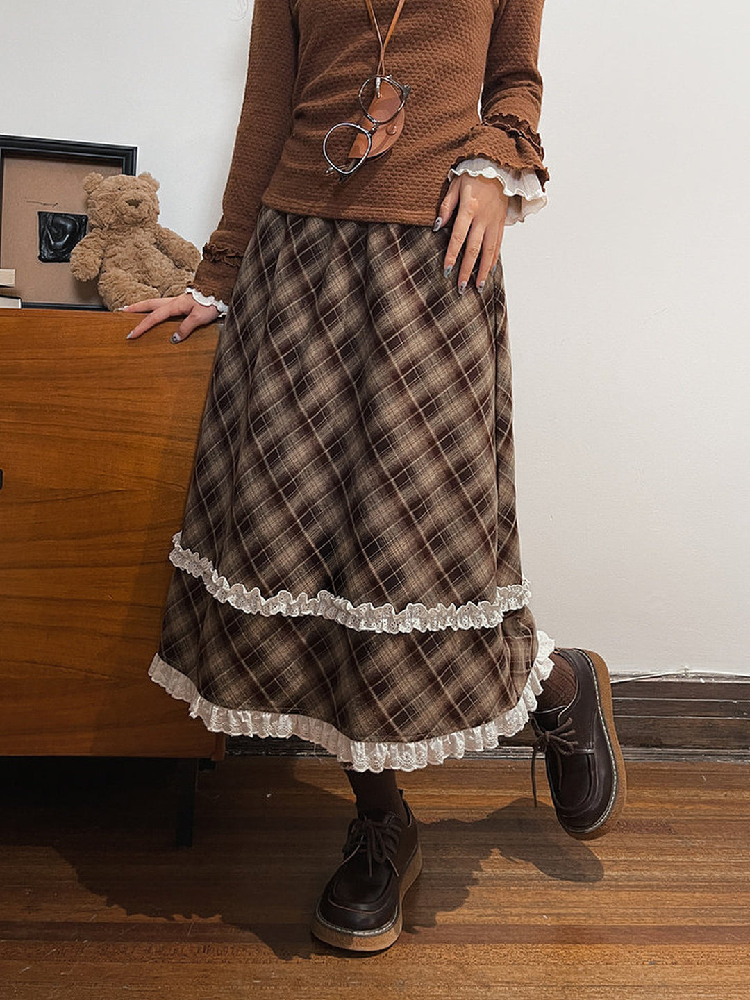 Brown Plaid Double Ruffle Midi Skirt