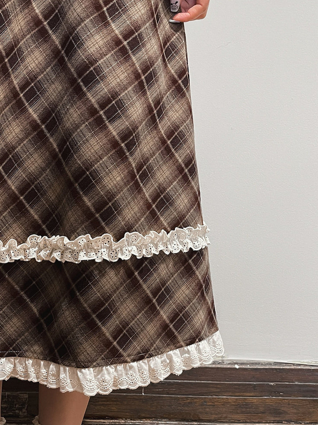 Brown Plaid Double Ruffle Midi Skirt