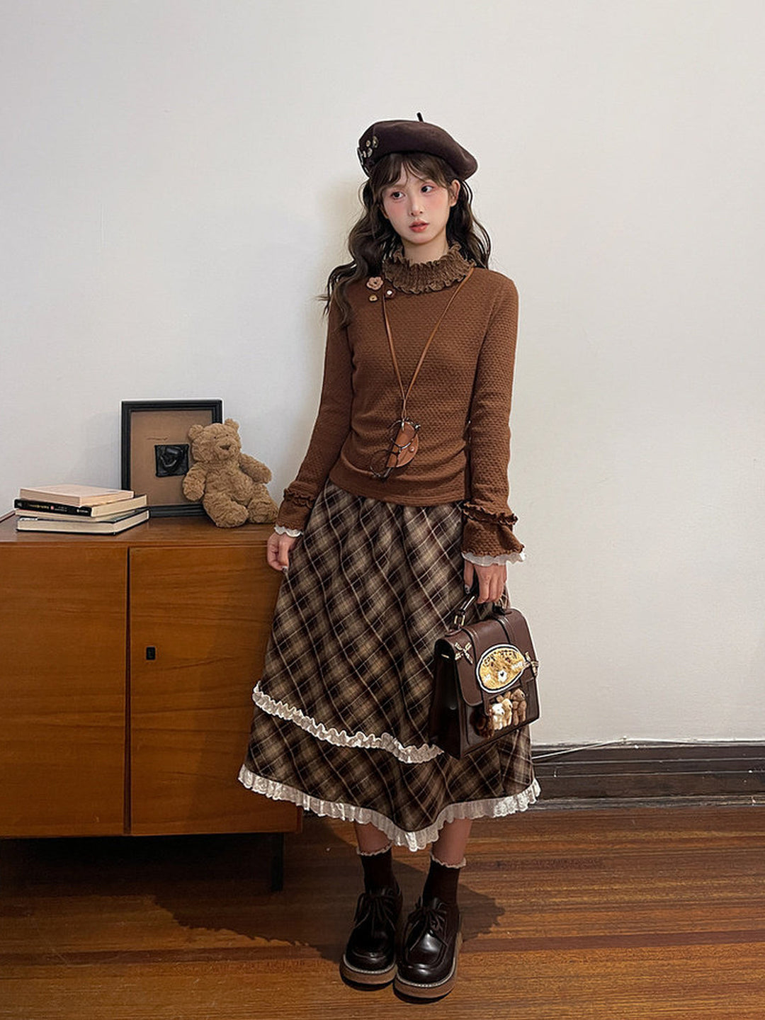 Brown Plaid Double Ruffle Midi Skirt