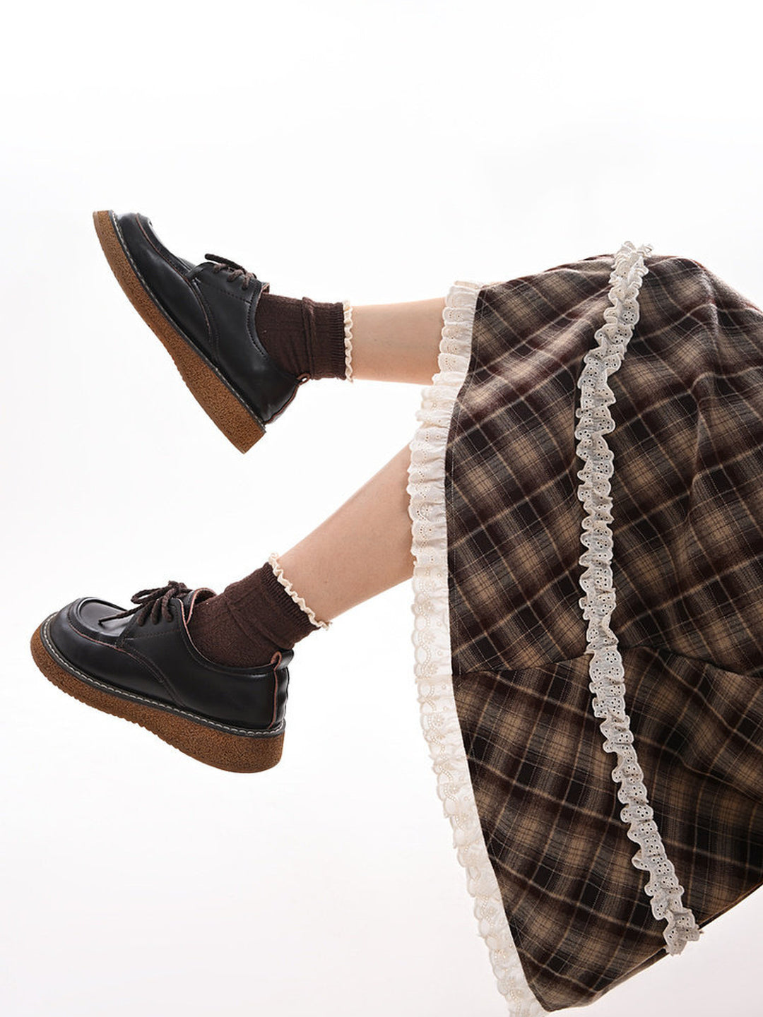 Brown Plaid Double Ruffle Midi Skirt