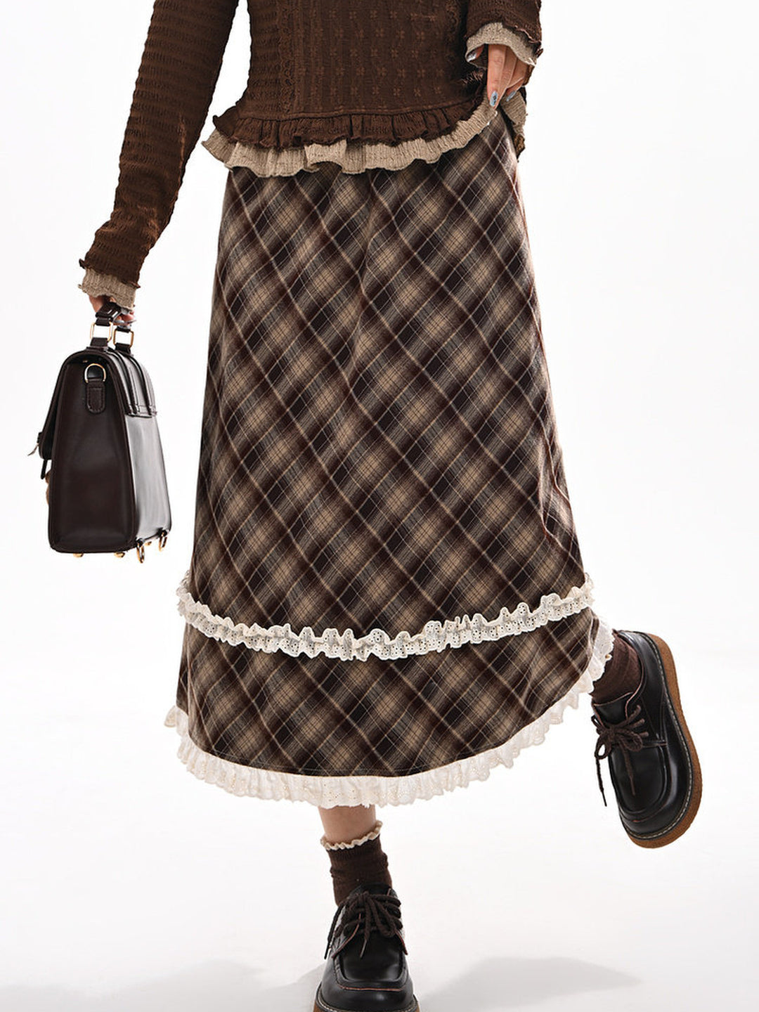 Brown Plaid Double Ruffle Midi Skirt