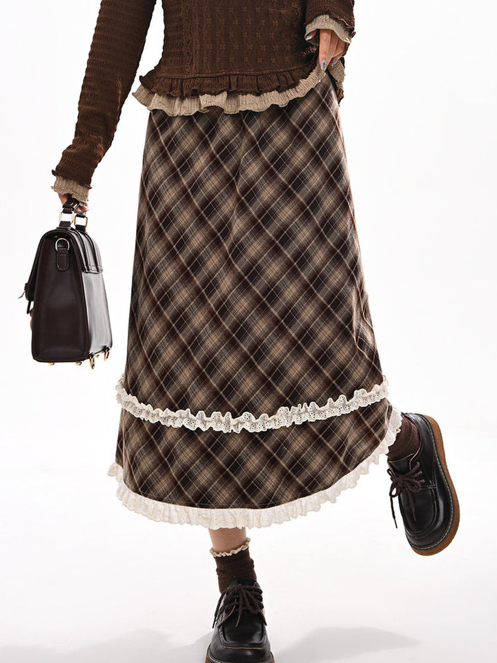 Brown Plaid Double Ruffle Midi Skirt