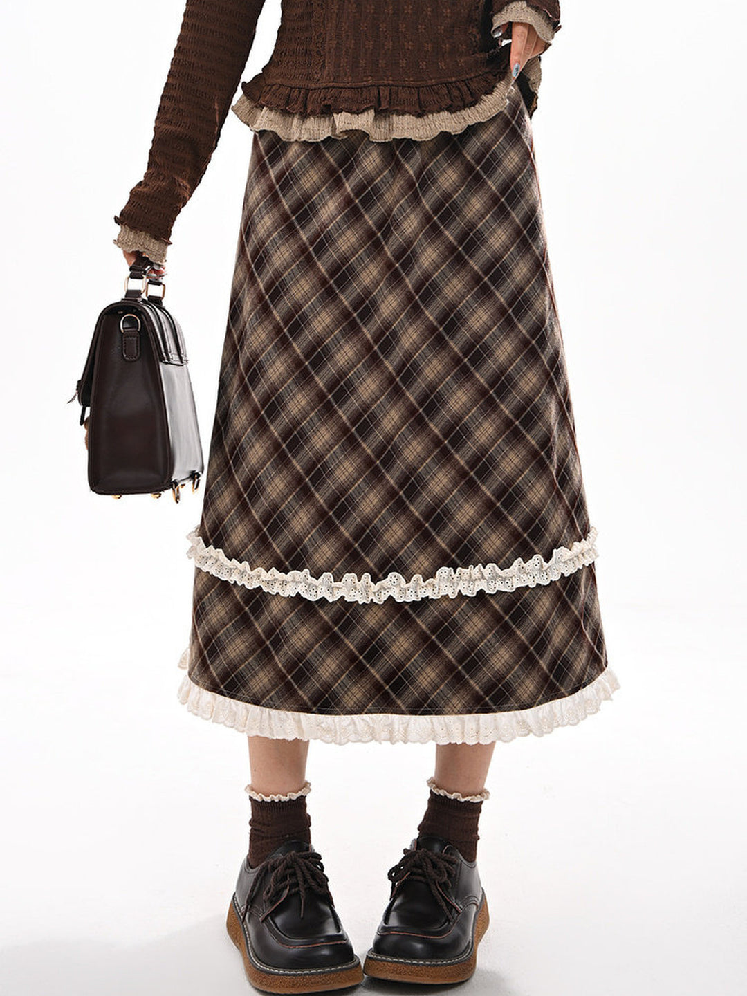Brown Plaid Double Ruffle Midi Skirt
