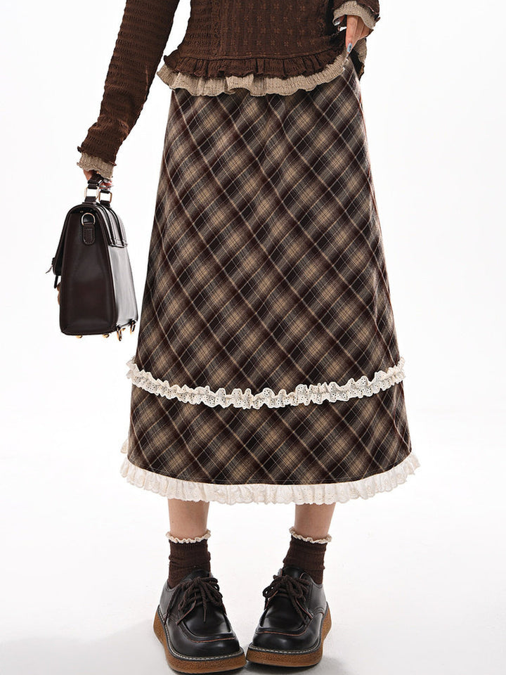 Brown Plaid Double Ruffle Midi Skirt