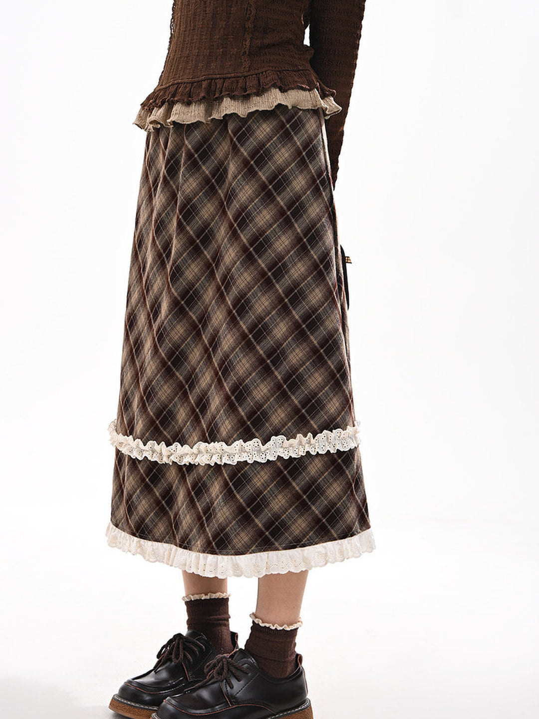 Brown Plaid Double Ruffle Midi Skirt