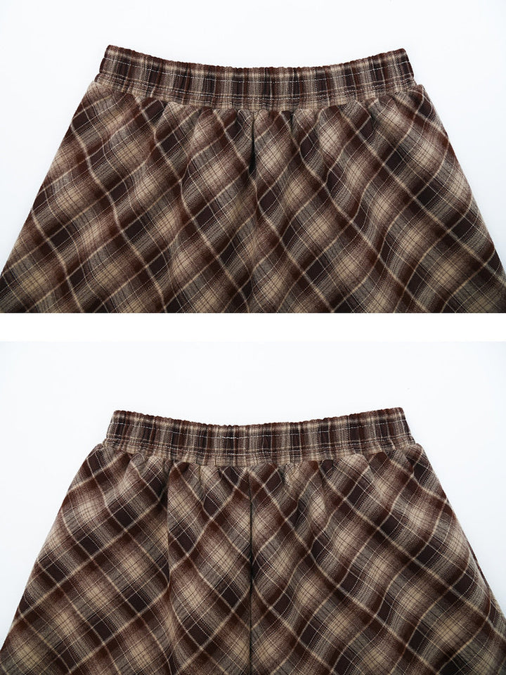 Brown Plaid Double Ruffle Midi Skirt