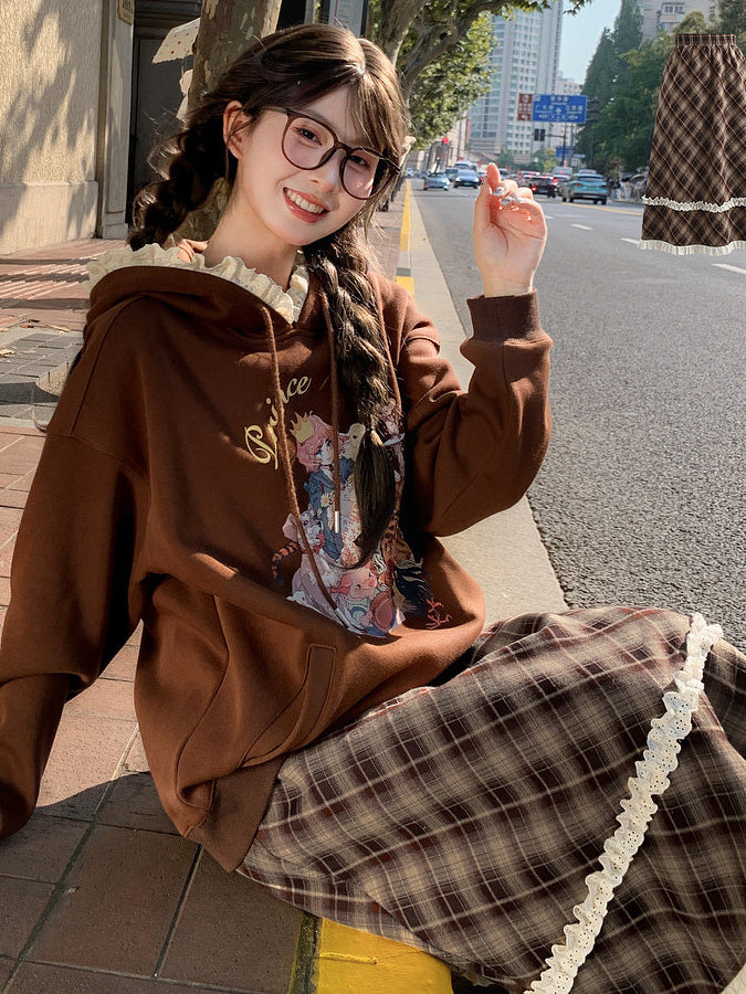 Brown Plaid Double Ruffle Midi Skirt