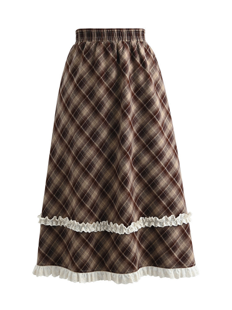 Brown Plaid Double Ruffle Midi Skirt