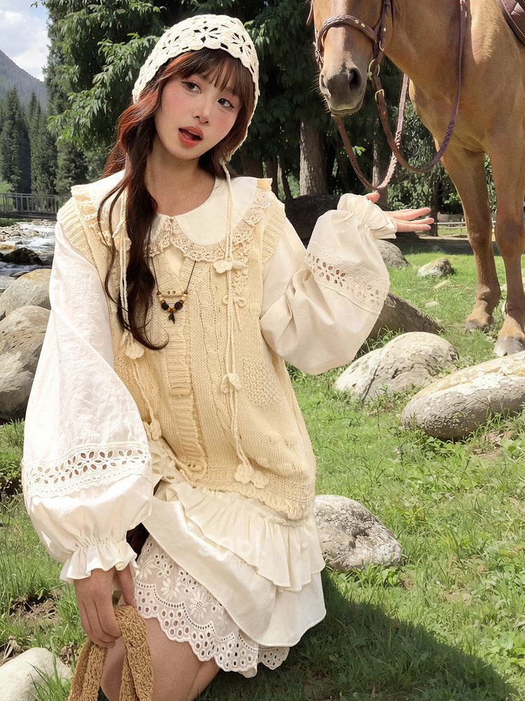 Mori Kei Lace Bib Shirt Dress