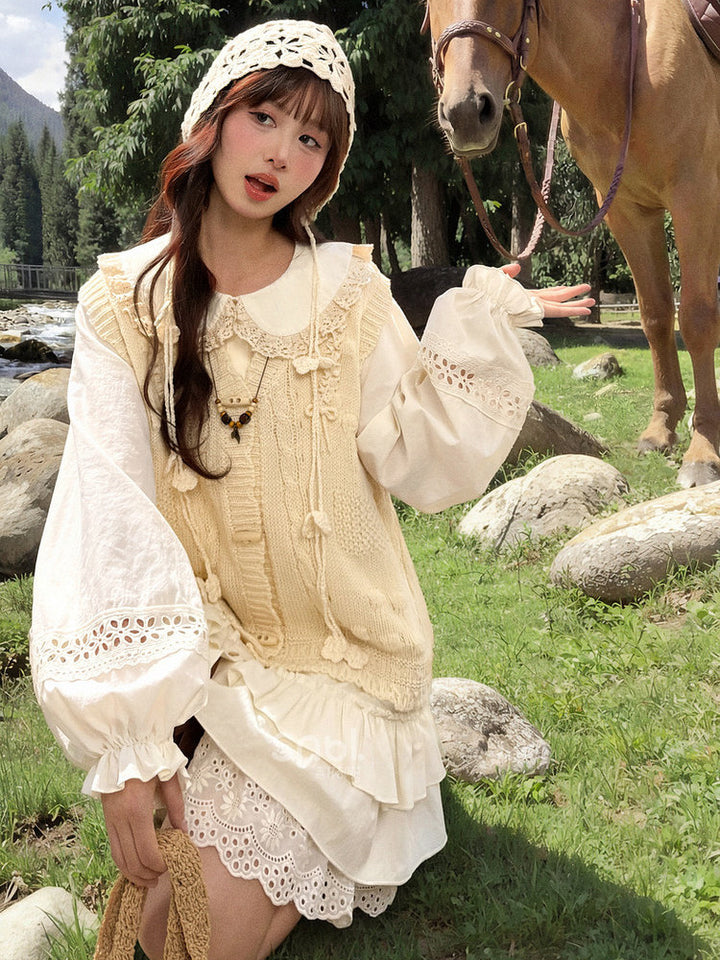 Mori Kei Lace Bib Shirt Dress