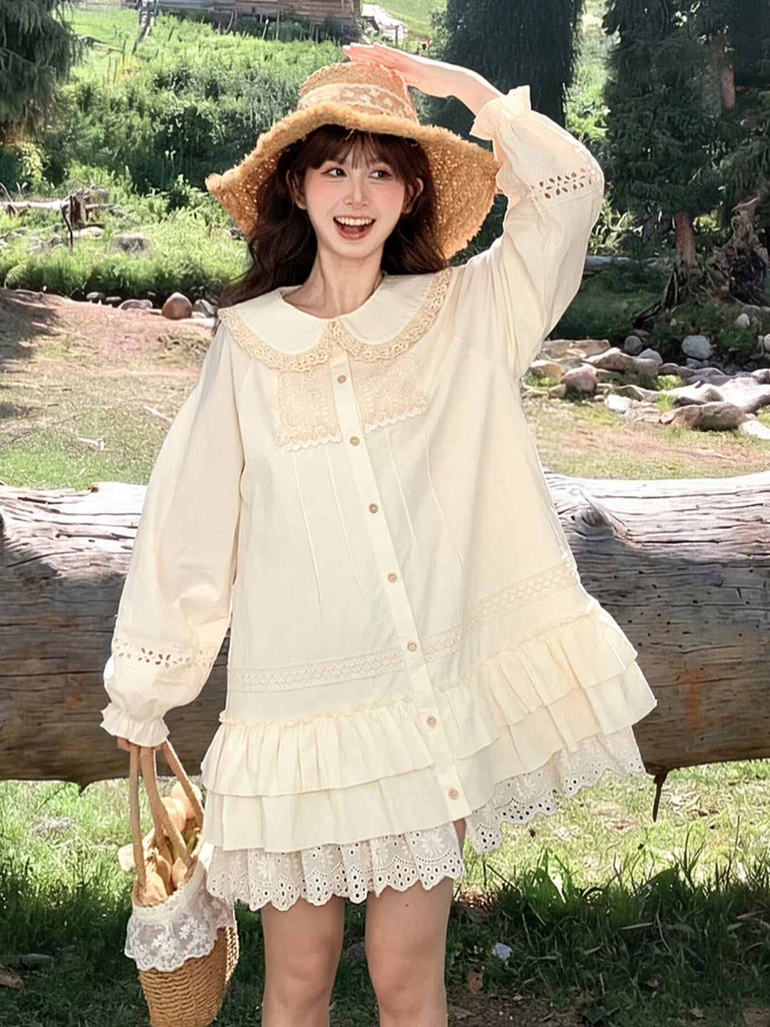 Mori Kei Lace Bib Shirt Dress