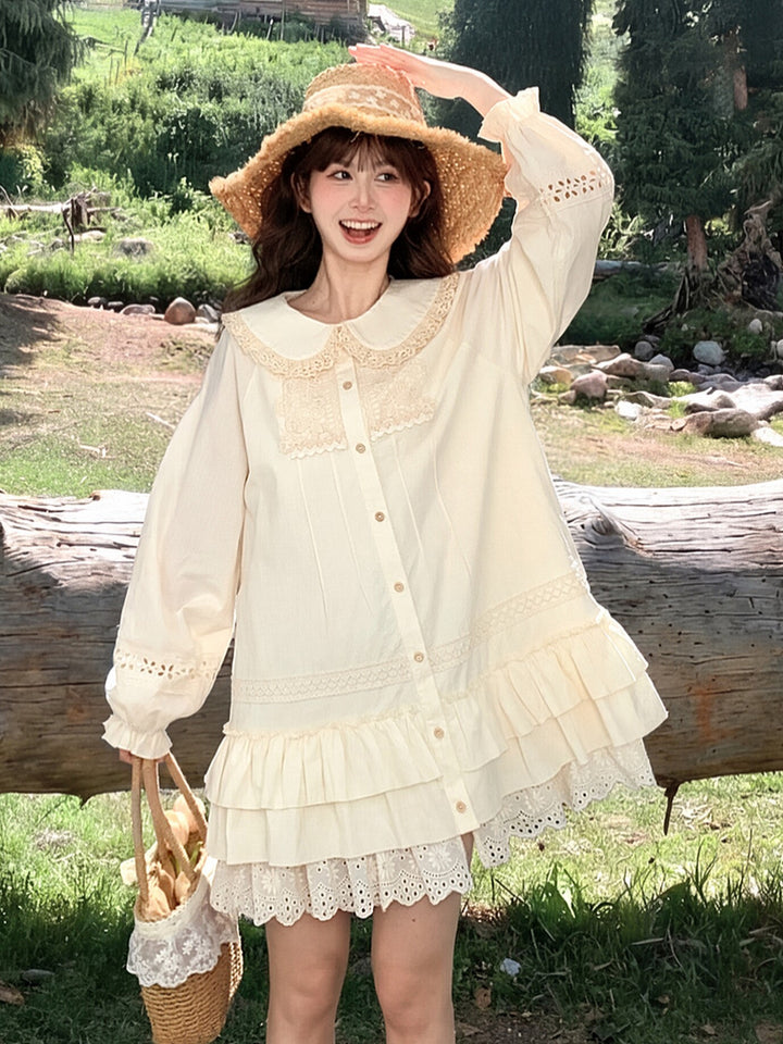 Mori Kei Lace Bib Shirt Dress