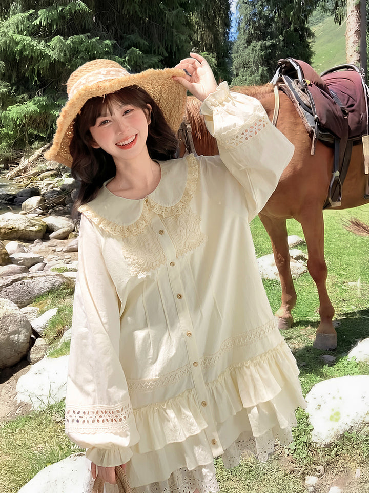 Mori Kei Lace Bib Shirt Dress
