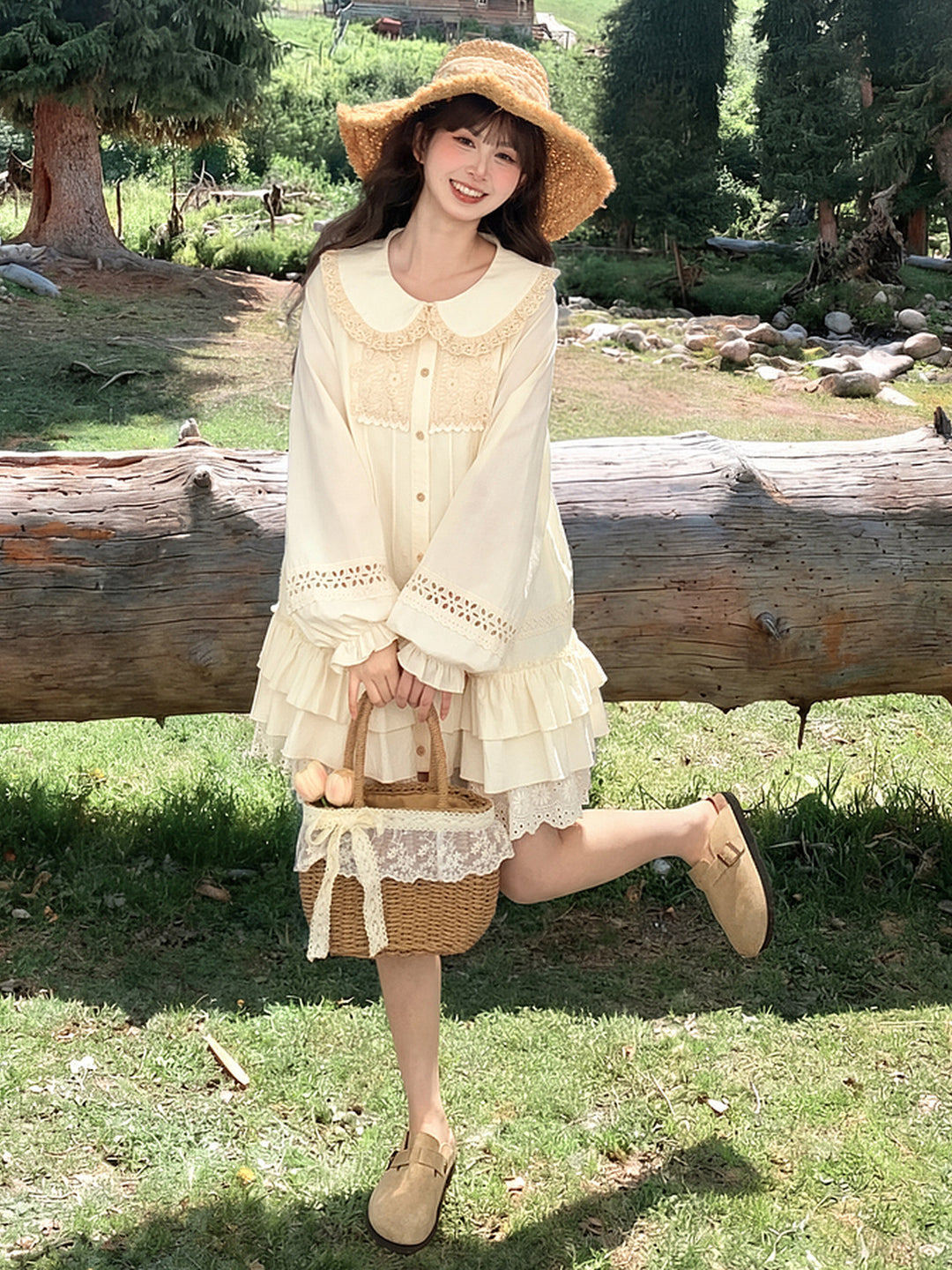 Mori Kei Lace Bib Shirt Dress